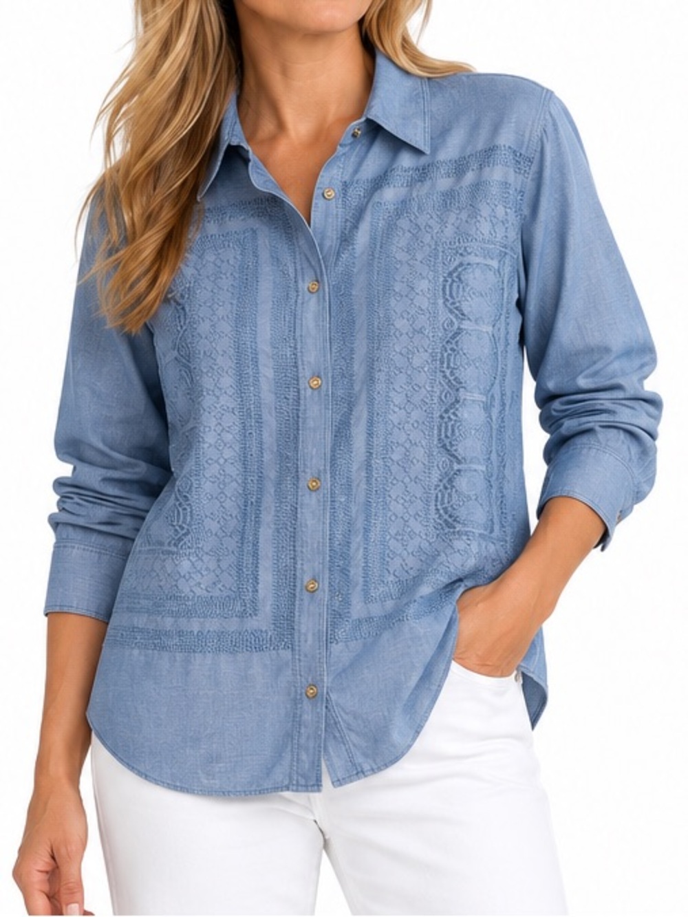 Per Se by Carlisle Women’s Size 16 Blue Embroidered Cotton Button Front Shirt